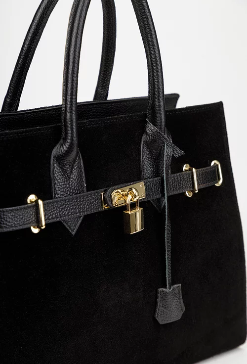 Geanta dama neagra din piele cu accesoriu lacat
