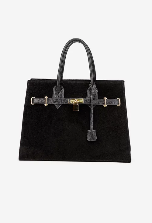 Geanta dama neagra din piele cu accesoriu lacat