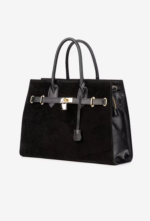 Geanta dama neagra din piele cu accesoriu lacat