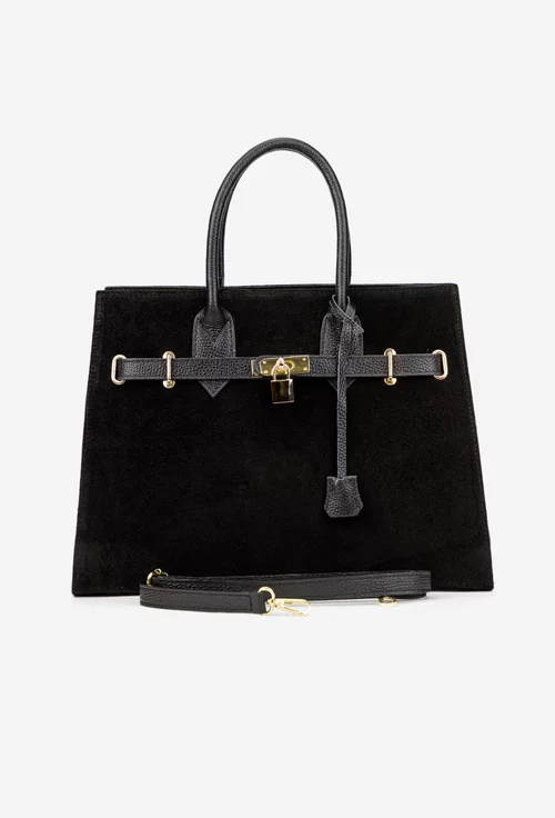 Geanta dama neagra din piele cu accesoriu lacat
