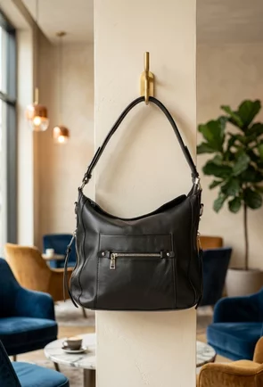 Geanta dama neagra din piele cu buzunare