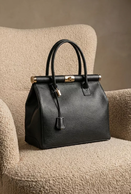 Geanta dama neagra din piele cu detaliu lacat