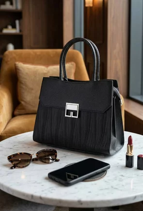 Geanta dama neagra din piele cu model