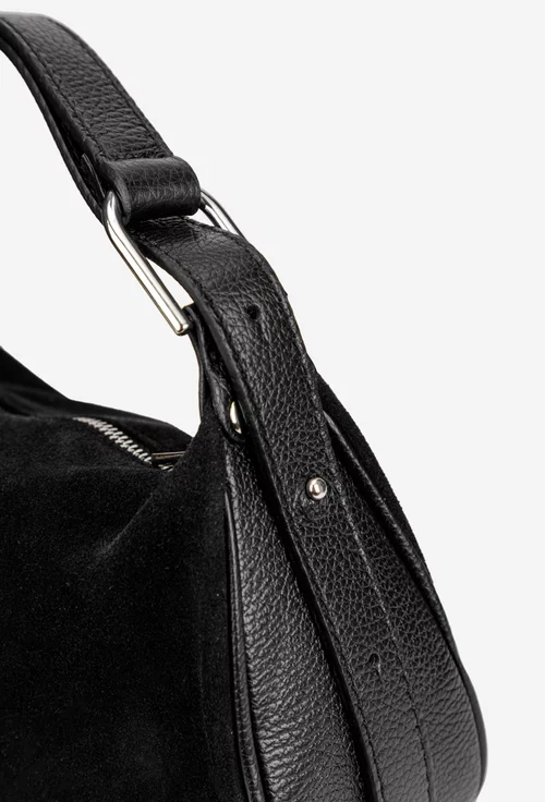 Geanta dama neagra din piele intoarsa cu insertii din piele texturata