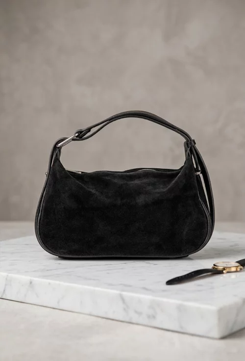 Geanta dama neagra din piele intoarsa cu insertii din piele texturata
