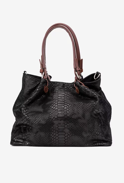 Geanta dama neagra din piele naturala cu aspect piele de crocodil
