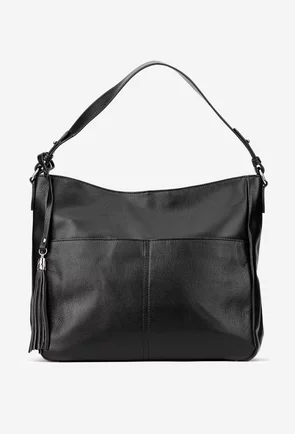 Geanta dama neagra din piele naturala cu ornament ciucure