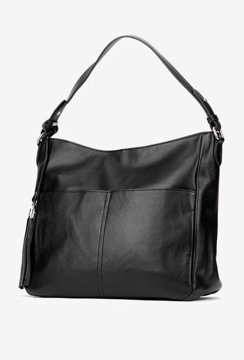 Geanta dama neagra din piele naturala cu ornament ciucure