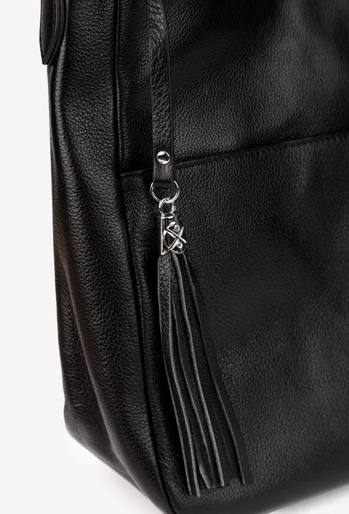 Geanta dama neagra din piele naturala cu ornament ciucure