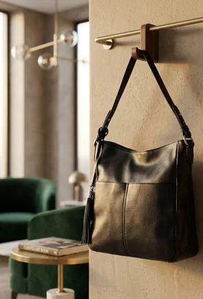 Geanta dama neagra din piele naturala cu ornament ciucure