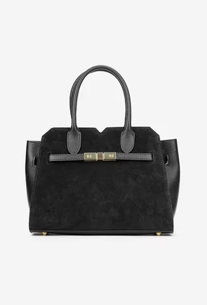 Geanta dama neagra din piele naturala intoarsa si texturata