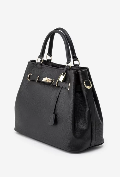 Geanta dama neagra din piele texturata accesorizata cu lacat