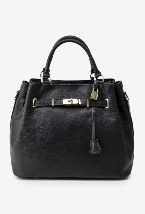 Geanta dama neagra din piele texturata accesorizata cu lacat