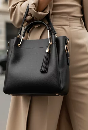 Geanta dama neagra din piele texturata cu accesoriu ciucure