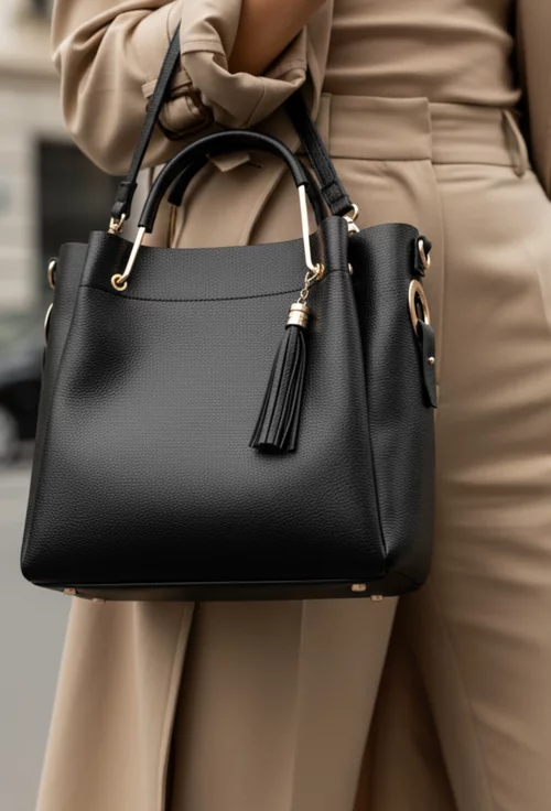 Geanta dama neagra din piele texturata cu accesoriu ciucure