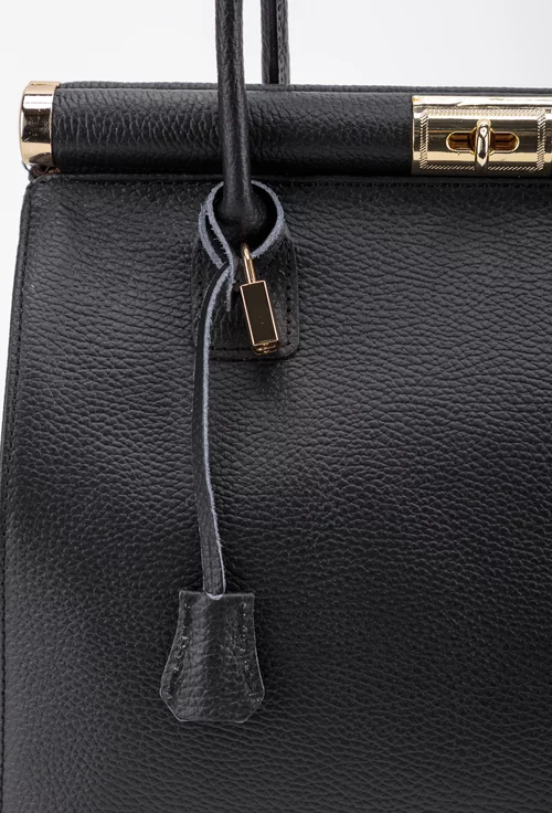 Geanta dama neagra din piele texturata cu detaliu lacat