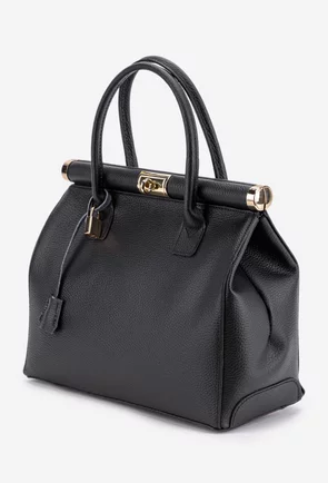 Geanta dama neagra din piele texturata cu detaliu lacat