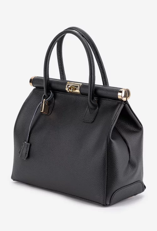 Geanta dama neagra din piele texturata cu detaliu lacat