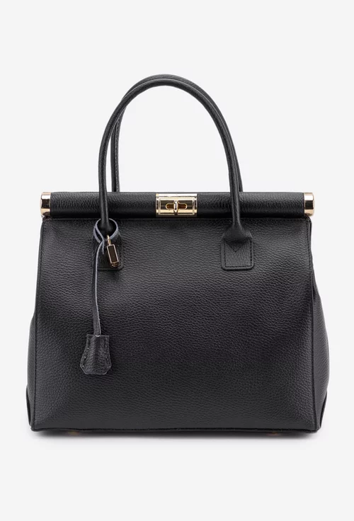 Geanta dama neagra din piele texturata cu detaliu lacat