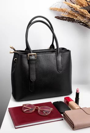 Geanta dama neagra din piele texturata cu doua compartimente