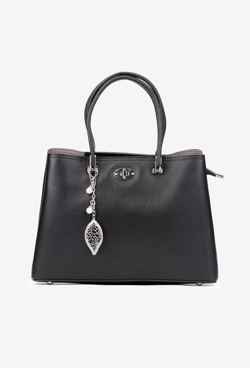 Geanta dama neagra din piele texturata cu ornament