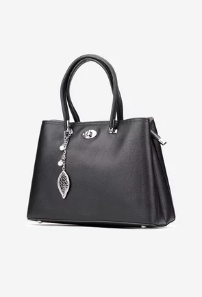 Geanta dama neagra din piele texturata cu ornament