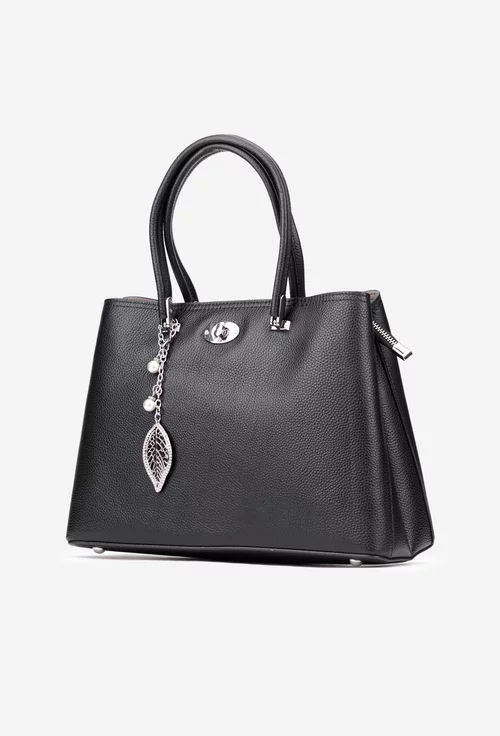 Geanta dama neagra din piele texturata cu ornament