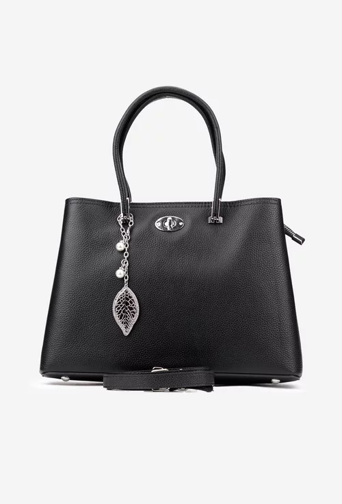 Geanta dama neagra din piele texturata cu ornament