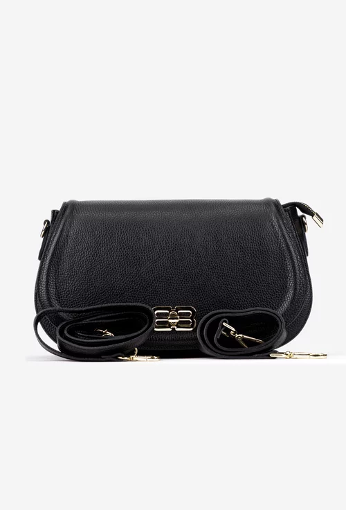 Geanta dama neagra din piele texturata cu ornament auriu