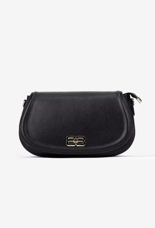 Geanta dama neagra din piele texturata cu ornament auriu