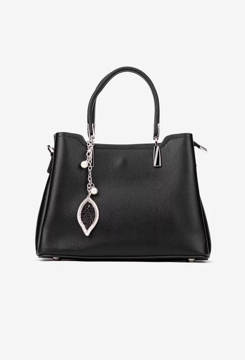 Geanta dama neagra din piele texturata cu ornament detasabil