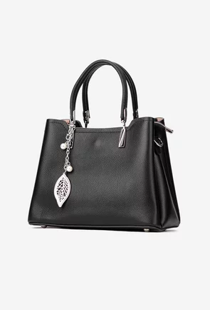 Geanta dama neagra din piele texturata cu ornament detasabil