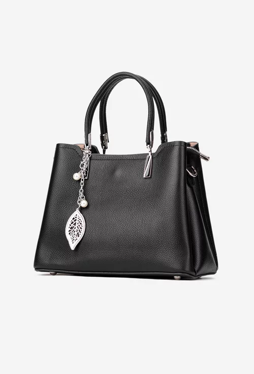 Geanta dama neagra din piele texturata cu ornament detasabil