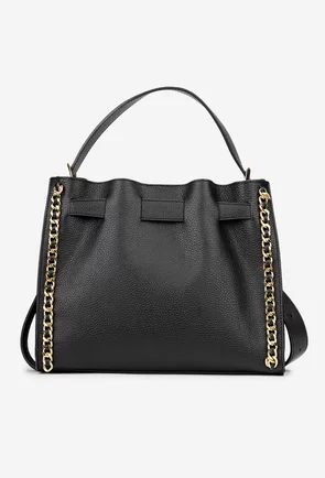 Geanta dama neagra din piele texturata cu ornament lant