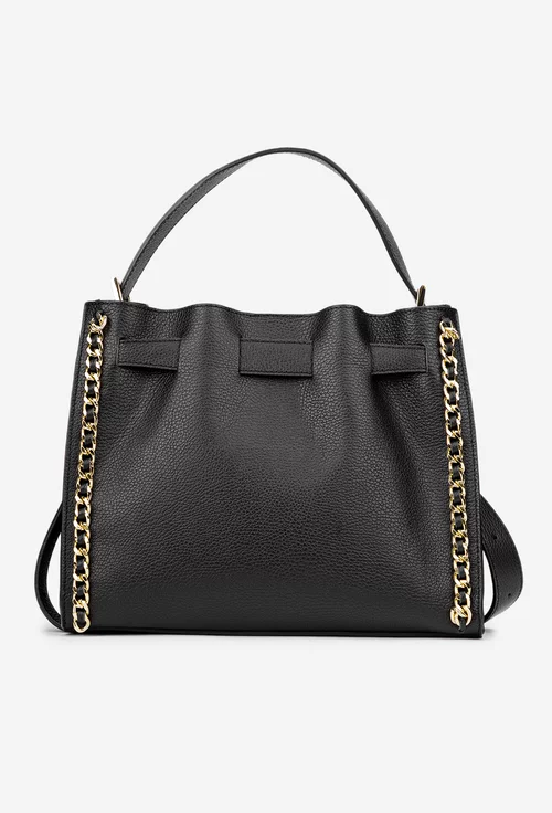 Geanta dama neagra din piele texturata cu ornament lant