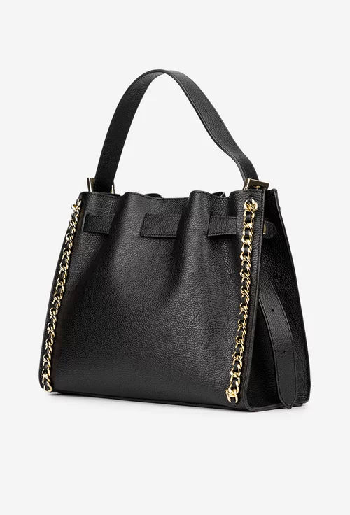 Geanta dama neagra din piele texturata cu ornament lant