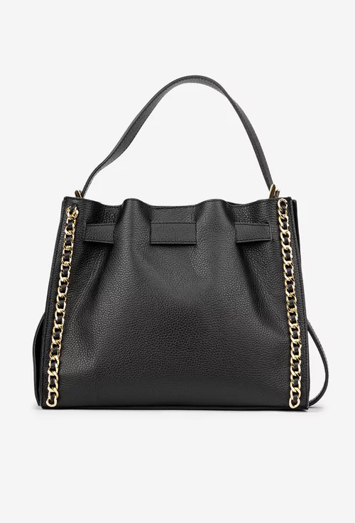 Geanta dama neagra din piele texturata cu ornament lant
