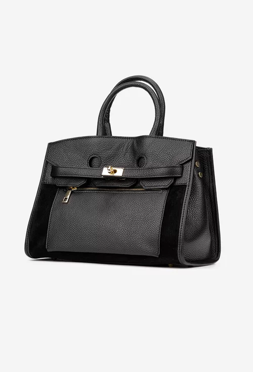 Geanta dama neagra din piele texturata si intoarsa