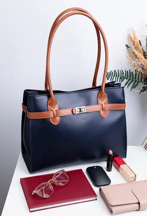 Geanta dama office bleumarin cu maro din piele