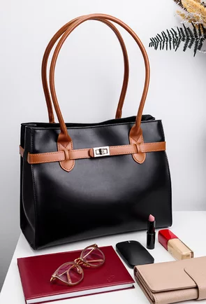 Geanta dama office neagra cu maro din piele