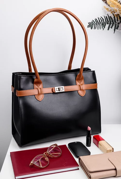 Geanta dama office neagra cu maro din piele