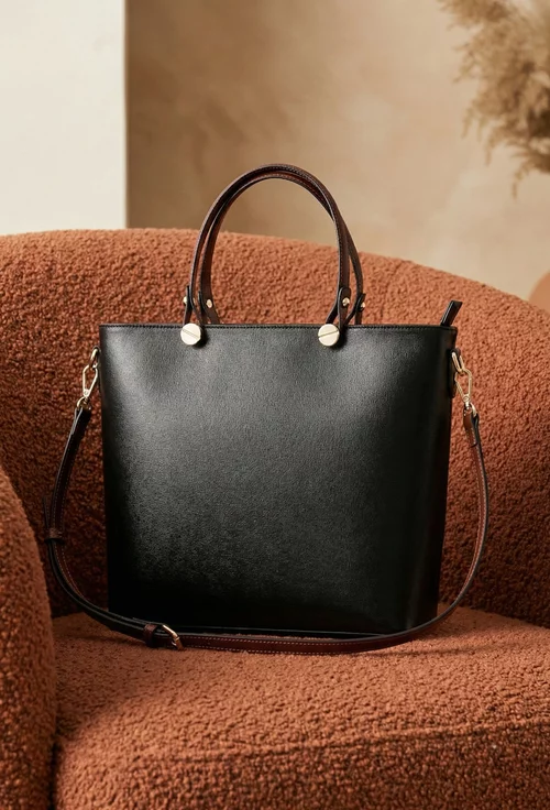 Geanta dama office neagra cu maro din piele naturala