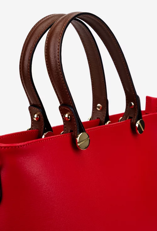 Geanta dama office rosie cu maro din piele naturala