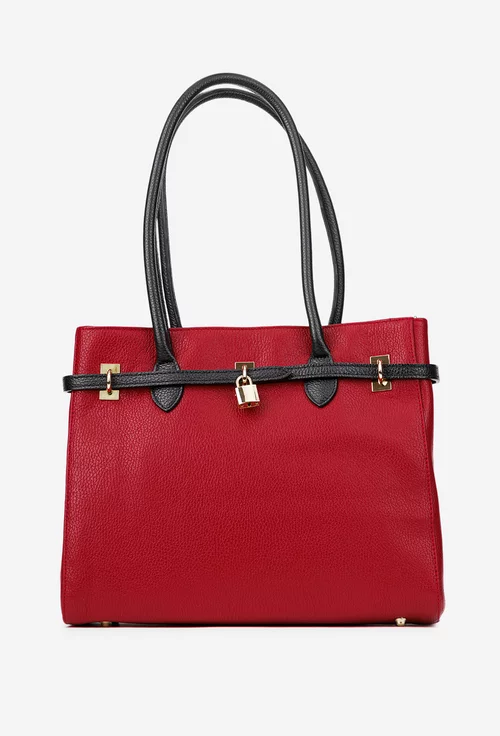 Geanta dama rosie cu negru din piele texturata cu ornament