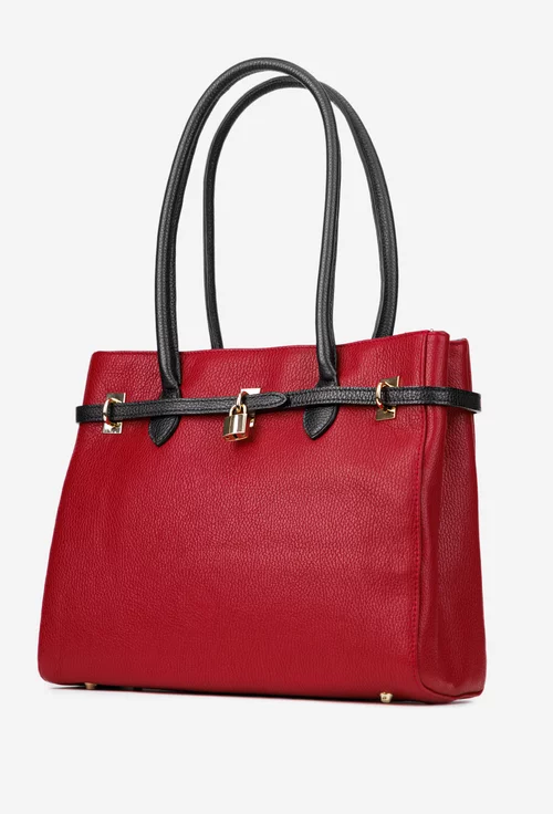 Geanta dama rosie cu negru din piele texturata cu ornament