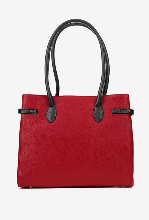 Geanta dama rosie cu negru din piele texturata cu ornament