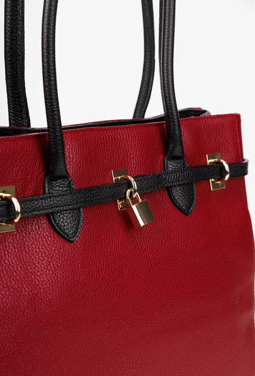 Geanta dama rosie cu negru din piele texturata cu ornament