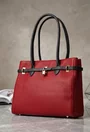 Geanta dama rosie cu negru din piele texturata cu ornament