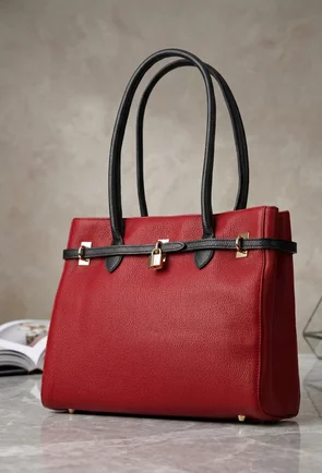 Geanta dama rosie cu negru din piele texturata cu ornament