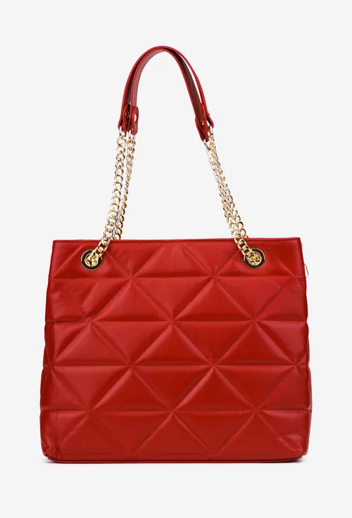 Geanta dama rosie din piele cu manere prevazute cu lant